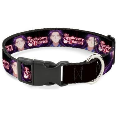 Imagem de Coleira para animais de estimação Crunchyroll, fivela de plástico para coleira de cachorro, pose de The Apothecary Diaries Jinshi e logotipo do título, preto, 38 a 61 cm de largura
