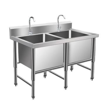 Imagem de Lava-louça comercial, lava-louça de preparação de aço inoxidável de 2 compartimentos, lava-louça de cozinha individual independente, lava-loiças para lavandaria com protetor contra salpicos (120 cm/47