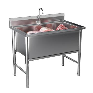 Imagem de Pia de aço inoxidável independente, pia grande de tigela única, pia de restaurante comercial, pias utilitárias de aço inoxidável com kit de drenagem e torneira para restaurante, lavanderia, garagem