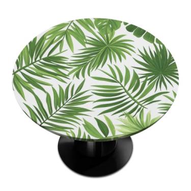 Imagem de Pardick Toalha de mesa redonda com folhas verdes tropicais com elástico toalha de mesa redonda, toalha de mesa impermeável, limpável, ajustada, serve para mesas de até 114 a 142 cm de diâmetro