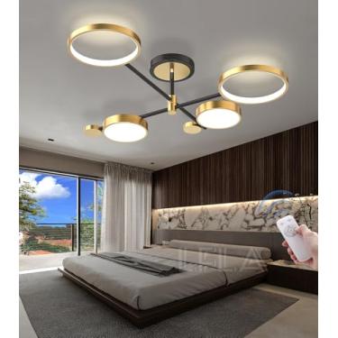 Imagem de Luminária de teto LED moderna, regulável, preta e dourada, com controle remoto, estilo lustre circular, iluminação interna sem cintilação para sala de estar, quarto e sala de jantar (dourada