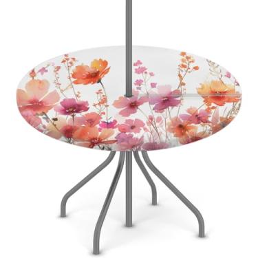 Imagem de Toalha de mesa redonda floral rosa selvagem com orifício para guarda-chuva, toalha de mesa ajustada ao ar livre com zíper, toalha de mesa elástica redonda à prova d'água, toalha de mesa de 114 a 142