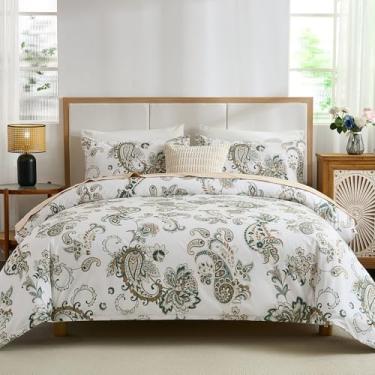 Imagem de Capa de edredom Cozeline 100% algodão, tamanho Queen, conjunto de cama Paisley verde com fecho de zíper, 3 peças de capa de edredom respirável e macia para todas as estações