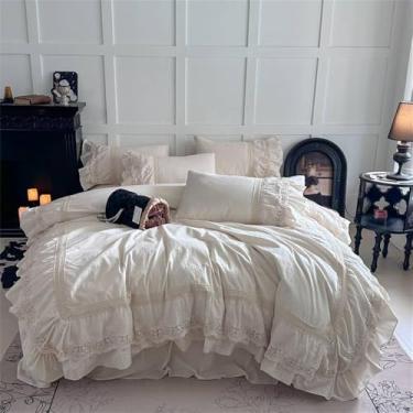 Imagem de Conjunto de cama rosa princesa com babados de renda para casamento, capa de edredom, lençol, saia de cama e lençol de baixo com elástico, cor 2, tamanho Queen (200x230cm), 4 peças