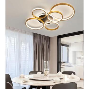 Imagem de Luminária de teto LED regulável com controle remoto, moderna e redonda, com design metálico, ideal para quarto, sala de estar, sala de jantar e outros ambientes (Dourada, 78 cm).