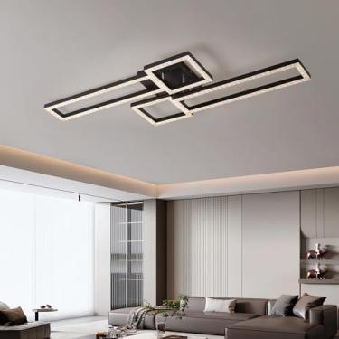 Imagem de Luminária de teto LED moderna, retangular e geométrica, preta, com intensidade ajustável e controle remoto. Ideal para sala de estar, quarto, escritório, cozinha e sala de jantar.