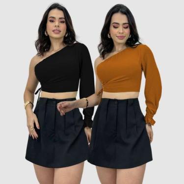 Imagem de Kit 2 Cropped Blusa T-Shirt Mula Manga Longa Crepe Feminino Moda Blogu