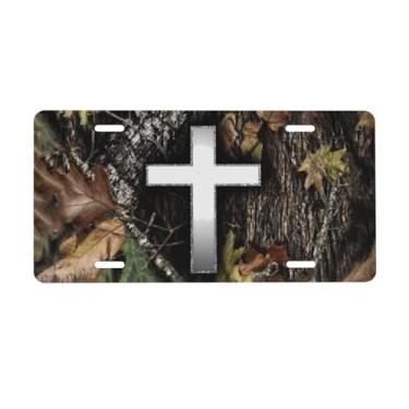 Imagem de Placa de licença frontal de folha de outono com cruz branca prata camuflada placa de carro decorativa de alumínio placa de carro de 15 x 30 cm novidade capa de etiqueta de vaidade com 4 furos