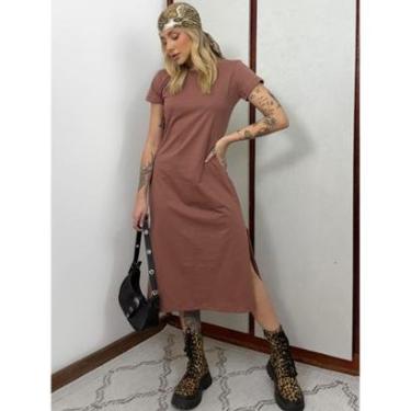 Imagem de Vestido Midi Camiseta Com Fenda Aveloz Marrom-Feminino