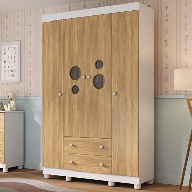 Imagem de Guarda-roupa Infantil 122cm Com Vidro 4 Portas E 2 Gavetas Bombom Multimóveis Mp4463 Branco/madeirado