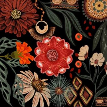 Imagem de Tyrot Tapete vintage preto vermelho boho botânico para sala de estar 1,5 x 2,1 m