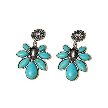 Imagem de Brincos de gota de flor oval geométrico boêmio turquesa para mulheres e meninas, joia boêmia, Turquesa Cristal Pedra, Turquesa