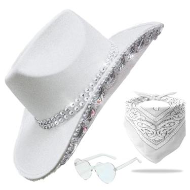 Imagem de JICASTO Chapéu de cowboy com glitter com lantejoulas e tiara coroa para mulheres, chapéus de festa de rodeio com óculos de coração (glitter de lantejoulas, prata)