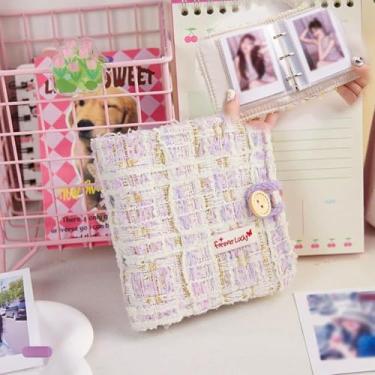 Imagem de Álbum de livros de armazenamento de cartões pequeno de grade de pelúcia, capa de PVC, álbum pequeno portátil, fichário de cartão de foto brilhante, suporte de adesivo removível, livro de fotos para
