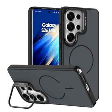 Imagem de POYUFRG Capa magnética para Samsung Galaxy S26 Ultra/S26 Plus/S26, capa antidigitais fosca fina com proteção de lente de metal, capa de suporte, preta, S26