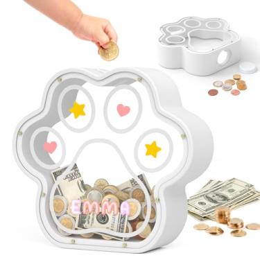 Imagem de KMC Cofrinho grande de madeira com garra de gato, caixa de dinheiro que poupa pata de cachorro para menino, cofrinho transparente para meninas, cofrinho grande com inicial grande, presente