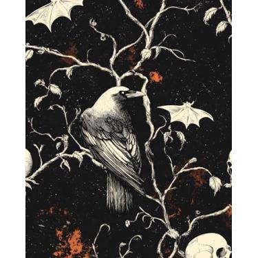 Imagem de XRUIBZI Papel de parede gótico descascar e colar, crânio vintage escuro 44,5 cm x 299,7 cm papel de contato, papel autoadesivo Moody Witchy Halloween Crow para banheiro quarto armário vinil