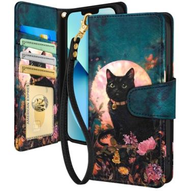 Imagem de Toycamp Capa carteira para iPhone 13 com alça de pulso - Capa de telefone flip de couro com bloqueio RFID 4 porta-cartões para Apple para iPhone 13 Funda fofa estética para mulheres, pintura gato