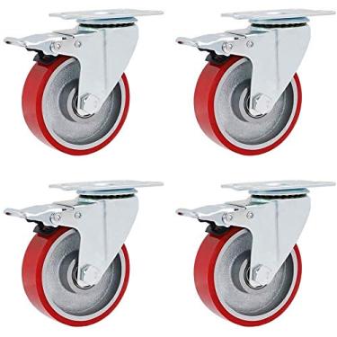 Imagem de Rodízios resistentes de 7,6 cm - Rodízios de haste de placa giratória com poliuretano vermelho durável para carrinhos e bancadas de trabalho - Rodas de substituição resistentes para mobilidade suave