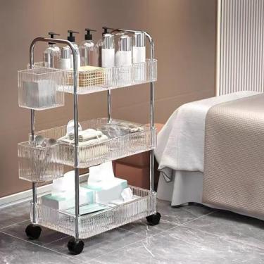 Imagem de Carrinho utilitário multifuncional de 3 camadas com rodas bloqueáveis, organizador de armazenamento móvel com cestos suspensos, unidade de prateleiras transparentes, 38 cm P x 23 cm L x 70 cm A para