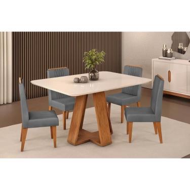 Imagem de Conjunto: Mesa Sala Jantar Celeste c/ Tampo Madeirado c/ Vidro Curvo 120x90cm e 4 Cadeiras Lia Freijo/Off White - Suede Lunar - DJ Móveis