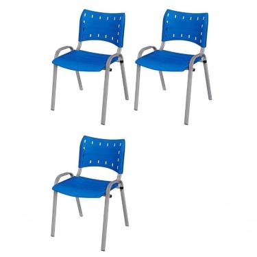 Imagem de Cadeira Iso Base Cinza, Igreja, Escola, Escritório - Azul Kit 3 Peças