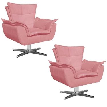 Imagem de Kit 2 Poltronas Decorativas Sala De Estar Base Giratória Cromada Opla Suede Rose - Ibiza