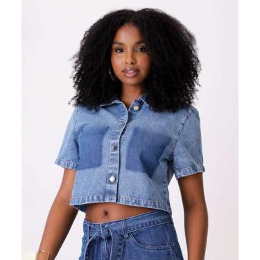 Imagem de Camisa Cropped Jeans Feminina Bolso Marisa-18014, PP, Jeans azul