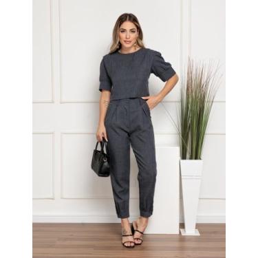 Imagem de DOUTORAS MODAS Conjunto Calça E Cropped Linho 8420, Preto, P