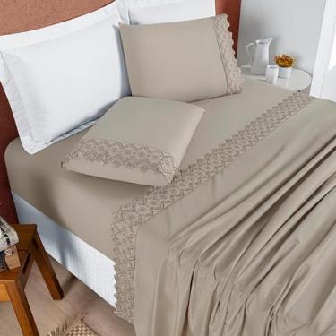 Imagem de Jogo de Lençol C/ Elástico Casal King Bordado Inglês 200 Fios Nobless 