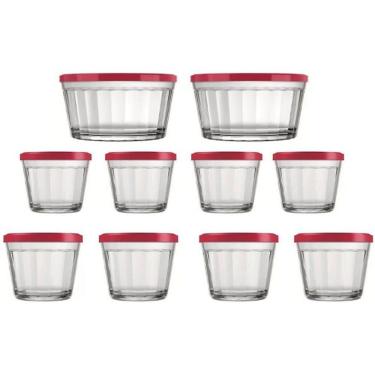 Imagem de Conjunto de Tigelas Copo Americano em Vidro para Armazenar Alimentos com Tampas Encaixe Perfeito Vermelho