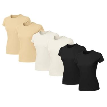 Imagem de Kit 6 Blusas Feminina Camiseta Lisa Básica Algodão Baby Look-Feminino