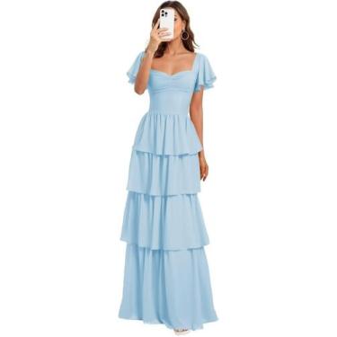 Imagem de Vestido de dama de honra GATMAHE azul claro em chiffon evasê com decot