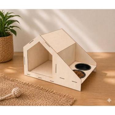 Imagem de Casinha Pet 2 Em 1 Com Comedouro e Bebedouro Para Cães e Gato Em Madei