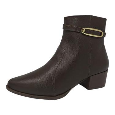 Imagem de Bota Feminina Salto Baixo Enfeite Dourado Couro Estilo Cacci, Cafe, 37
