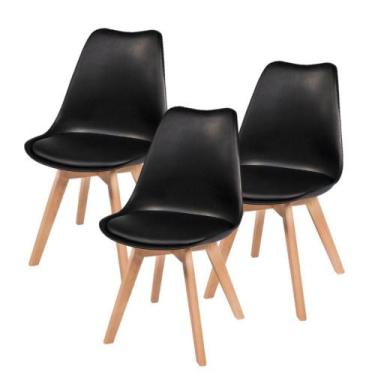 Imagem de Kit 3 Cadeiras Leda Eames Saarinen Wood Com Almofada Preta - DECORESHO