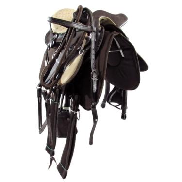 Imagem de Sela Australiana Marrom Com Bege Infantil De Cabeça Com Abas Luxo Completa 12 Polegadas + Acessórios