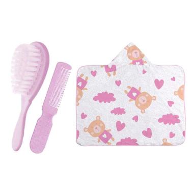 Imagem de Kit Bebê 3 Peças Toalha Capuz E Kit Pente E Escova Rosa