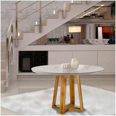 Imagem de Mesa De Jantar Redonda Natalle Com Tampo De Vidro 100cm Móveis Mix Mel Com Off White