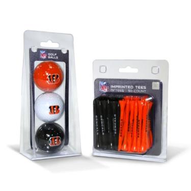 Imagem de Team Golf Bolas de golfe estampadas com logotipo do Cincinnati Bengals da NFL (3 unidades) e camisetas de golfe reguláveis de 6 cm (50 unidades), multicoloridas