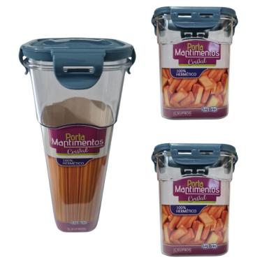 Imagem de Kit 2 Potes de 1,5 Litros + 1 Porta Macarrão - Tampa Azul