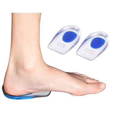 Imagem de 2 pares – 4 copos de salto – KidSole com absorção de choque e gel leve para crianças com calcanhares sensíveis, esporões no calcanhar, fascite plantar ou dor no tornozelo (rosa) (azul)