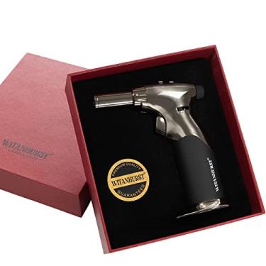 Imagem de Pistola de tocha de butano de chama dupla - Mini maçarico portátil de luxo recarregável para cozinhar, creme brulee, solda, soldagem e arte em resina - chama ajustável com trava de ignição - aço preto