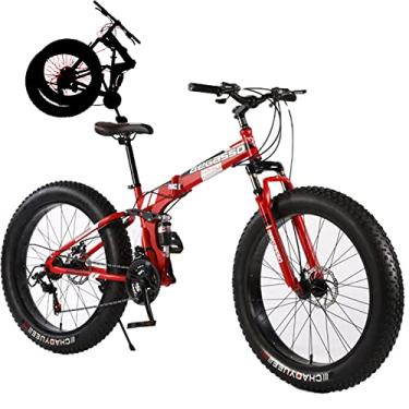 Imagem de Pneus gordos bicicleta dobrável para adultos bicicletas adultas dobráveis bicicleta de montanha dobrável com garfo de suspensão 21 engrenagens de velocidade bicicleta dobrável bicicleta da cidade moldura de aço de alto carbono, vermelho, 61 cm