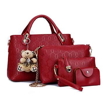 Imagem de KAIKIAS Mala de mão fashion retro bolsa bolsa feminina cross bag conjunto de 4 peças (vermelho)