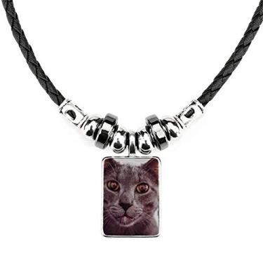 Imagem de DIYthinker Colar com foto de gato cinza olho grande animal, joia com pingente de corda de couro