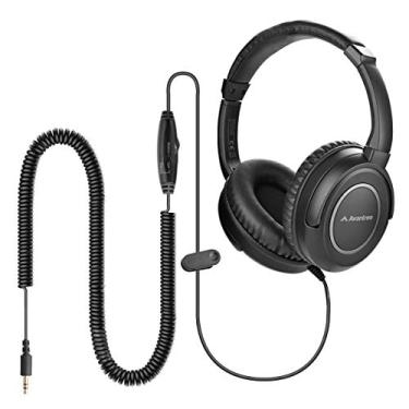 Imagem de Avantree HF039 Fone de ouvido longo enrolado para TV e PC com controle de volume, controle estéreo/mono, cabo de alcance estendido de 5 m, áudio AUX de 3,5 mm, som estéreo espiral com fio