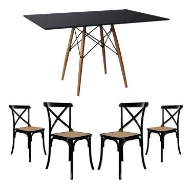 Imagem de Conjunto De Mesa Eiffel Retangular Tampo De Madeira 120X75Cm Preto Com 4 Cadeiras Katrina Preto