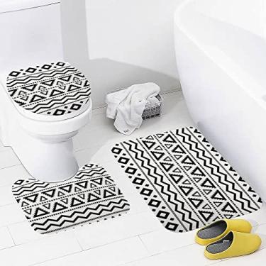 Imagem de Conjunto de tapetes de banheiro 3 peças tribais étnicas geométricas, tapete de banheiro lavável, tapete antiderrapante, tapete de contorno e tampa para banheiro