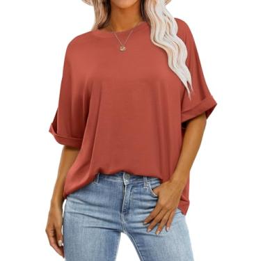 Imagem de ANRABESS Camisetas femininas grandes de manga curta gola redonda verão camisetas casuais soltas básicas 2024 roupas modernas, Vermelho tijolo, XXG